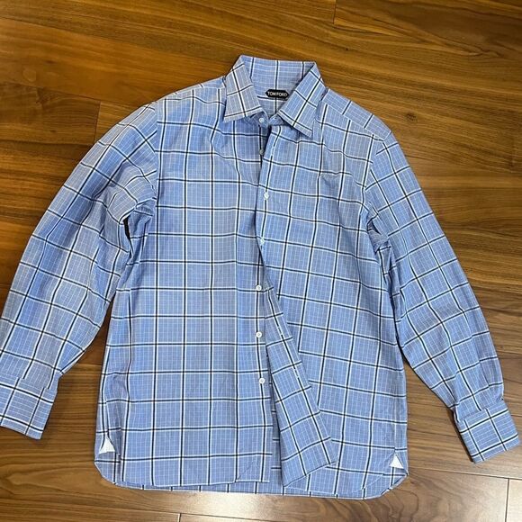 Tom Ford mens Blue plaid Button Down Shirt size 44 17 1/2